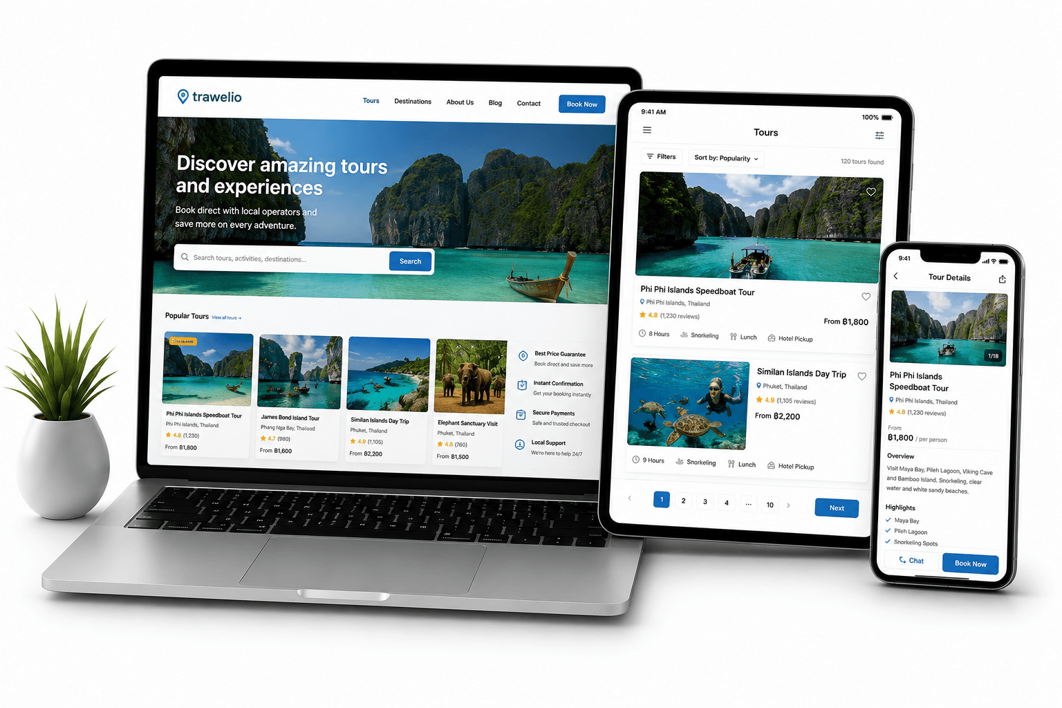 Trawelio booking website on laptop, tablet, and phone